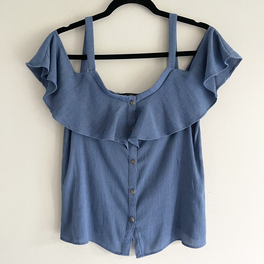 Moa Moa Top Flutter Off the Shoulders Strap Flowy Blouse Casual Buttoned Blue S
